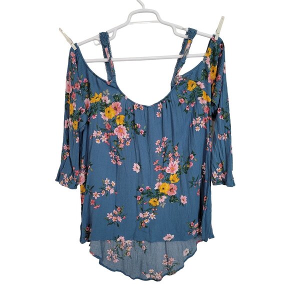 Torrid 3 Size 3X Top Floral Cold Shoulder Crinkle Adjustable Lace Straps Blue - Picture 2 of 9